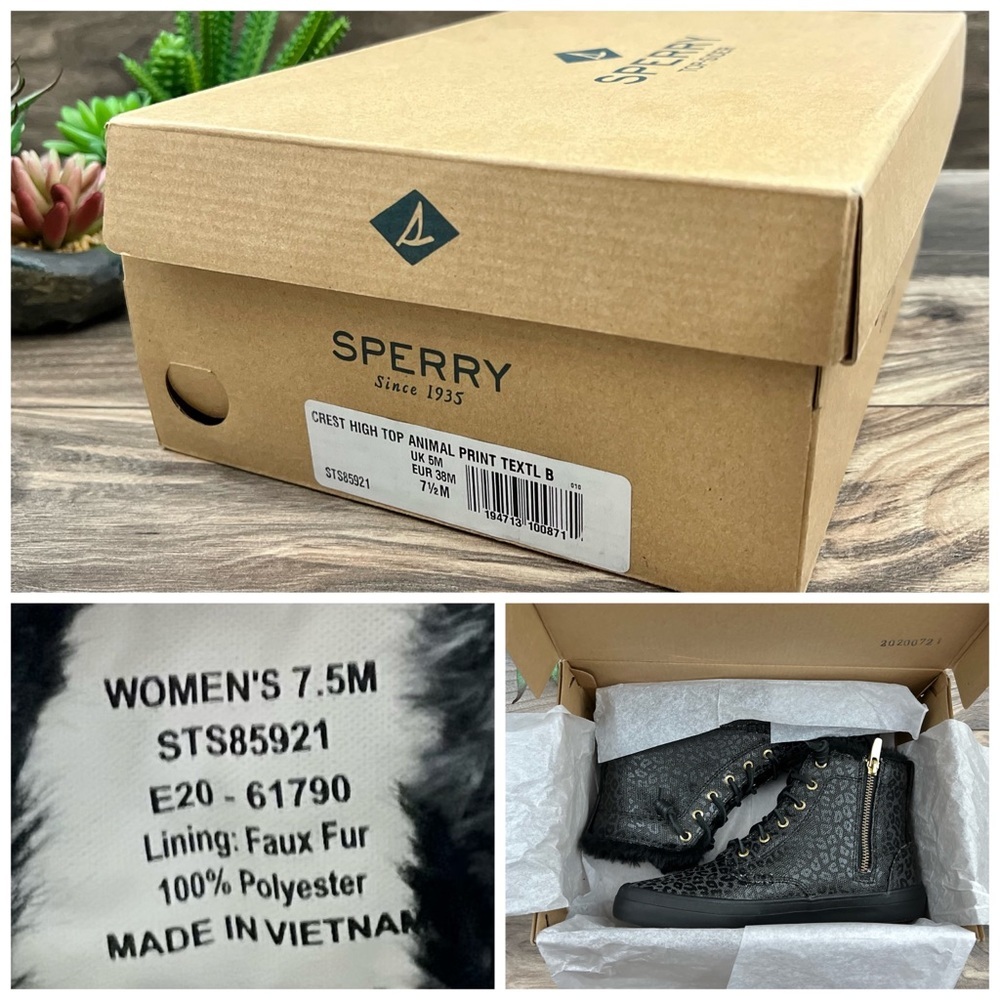 NIB Sperry Crest Vibe Canvas High Top Sneaker Black Animal Print Textile - Picture 11 of 13